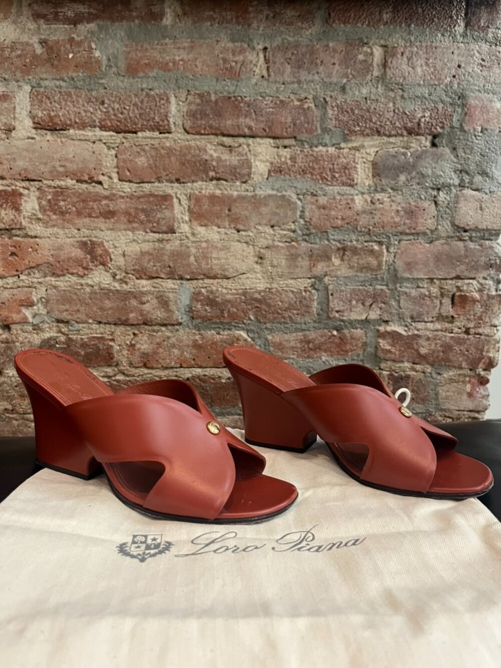 Loro Piana Terracotta Red Leather Criss-Cross Platform Mules